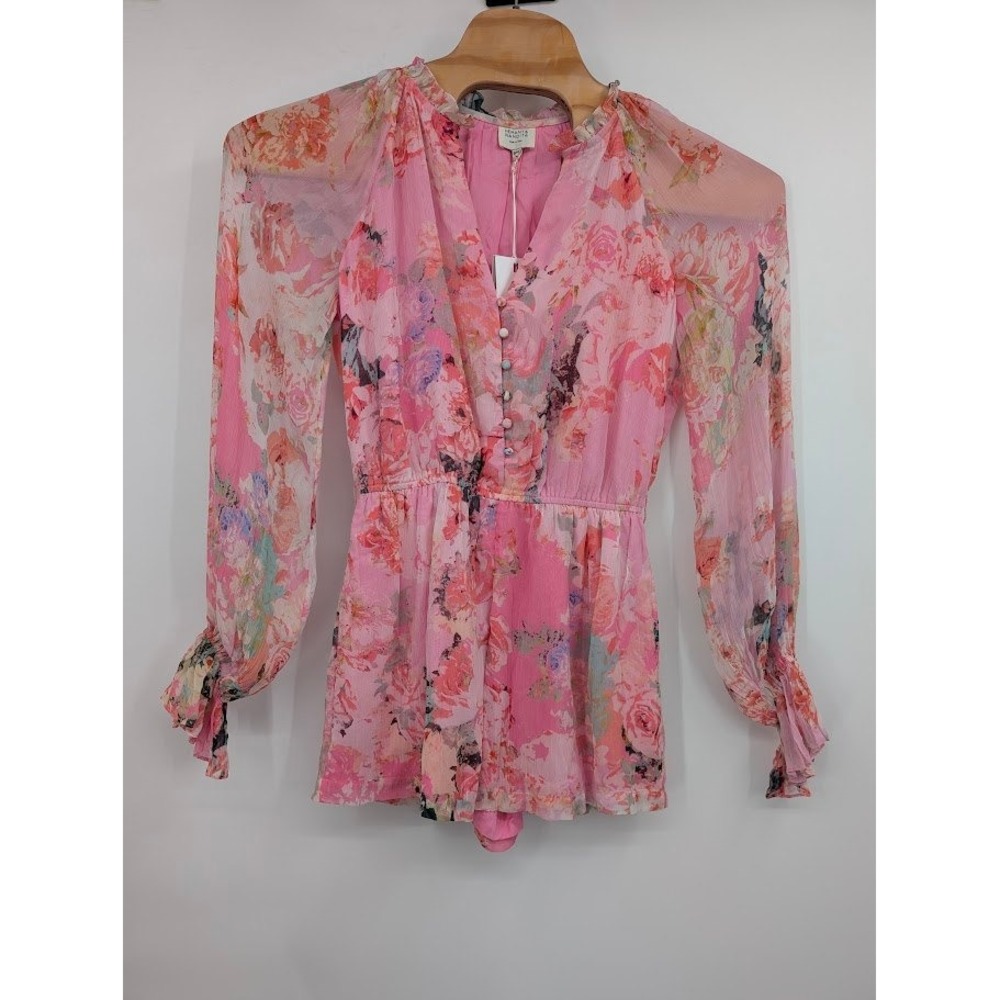 Hemant & Nandita Sage Floral Romper Pink Sheer Long Sleeve NWT sz S